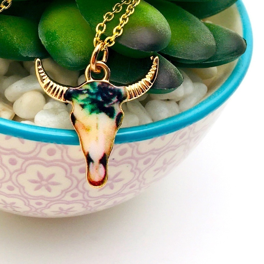 Floral Skull Pendant Necklace Gold Tone